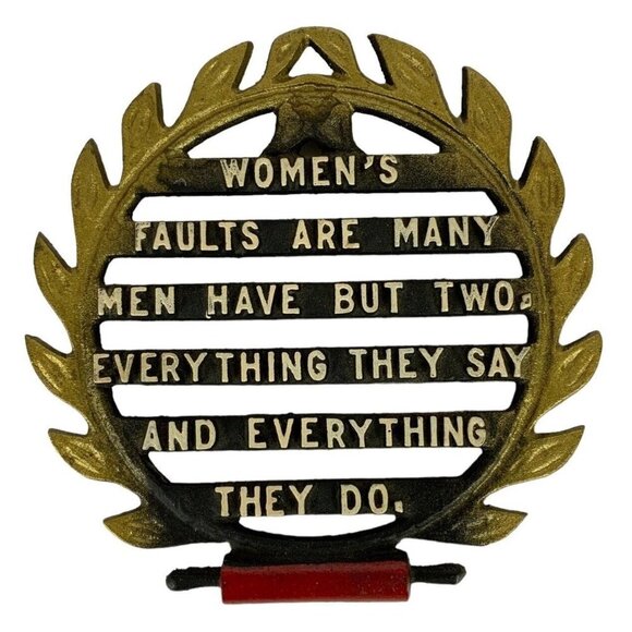 Vintage Kitchen Trivet Womens Mens Faults Feminist Humor Black Cast Metal - Picture 1 of 2